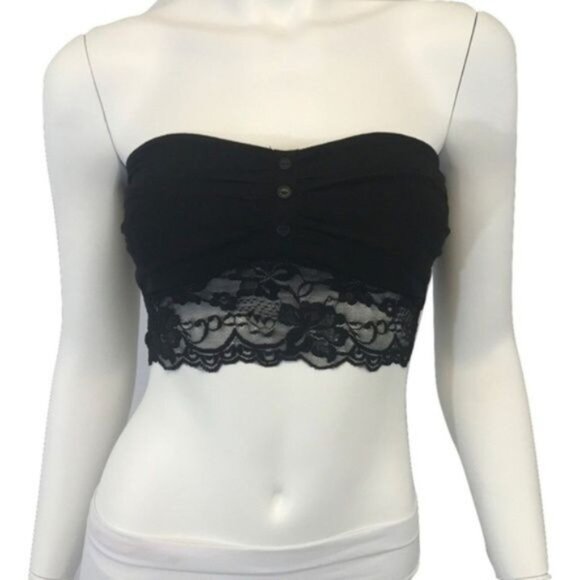 Black Lace Bandeau Top With Button Detail & Contrast Lace Trim - Picture 1 of 5